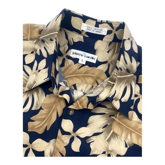 Pierre Cardin Hawaiian Palm Frond Shirt‎ 100% Cotton Black Tan Men’s Size Large - Picture 7 of 10